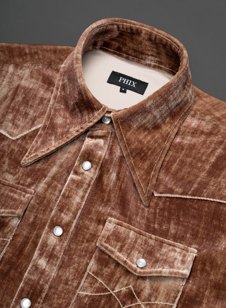 Brown Velvet 70s Western Dagger Collar Shirt