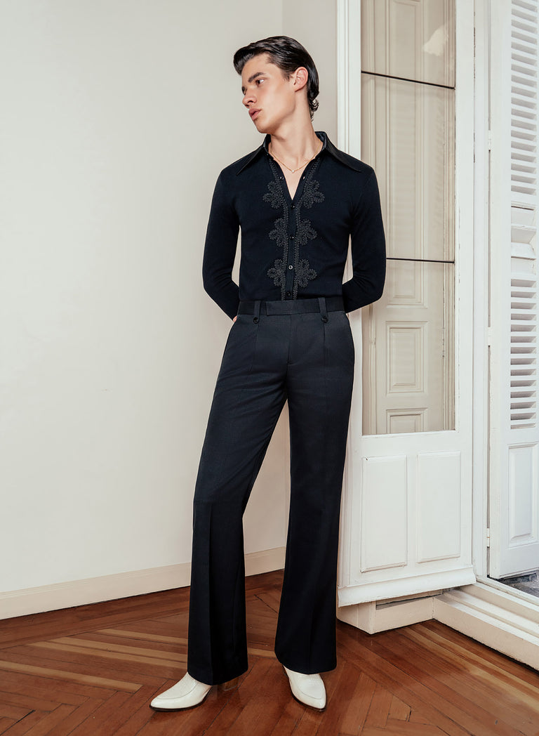 Black Wool Black Button Pin Belt Flare