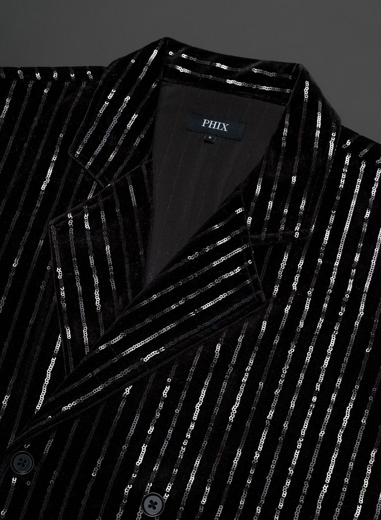 Black Velvet Sequin Pinstripe Double Breasted Shirt