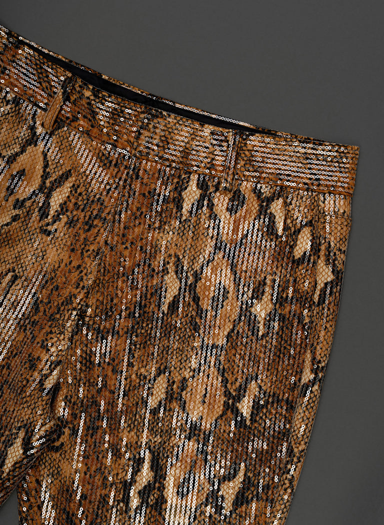 Brown Snake Effect Sequin Flare Trousers