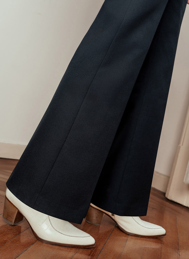 Black Wool Black Button Pin Belt Flare