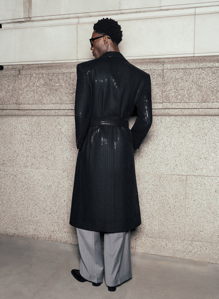 Double Breasted Sequin Embellished Long Length Stripe Wool Coat