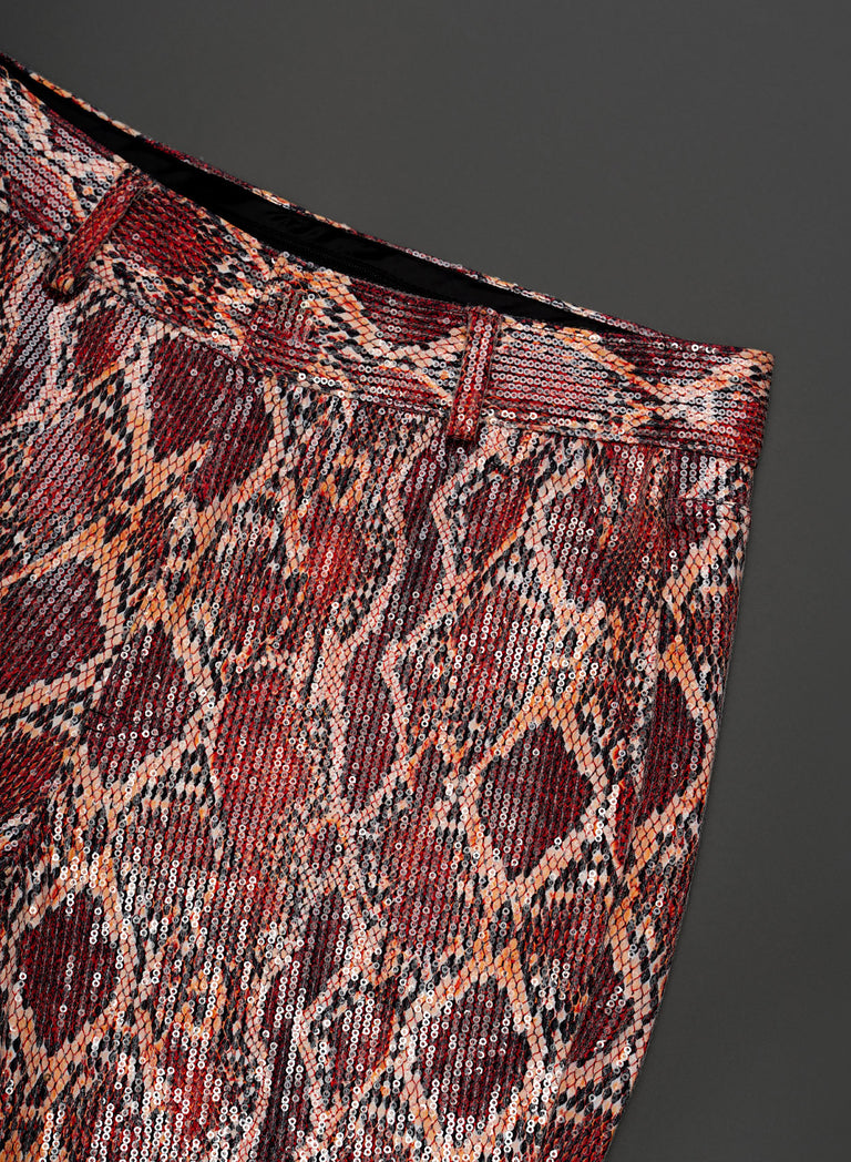 Red Snake Effect Sequin Flare Trousers