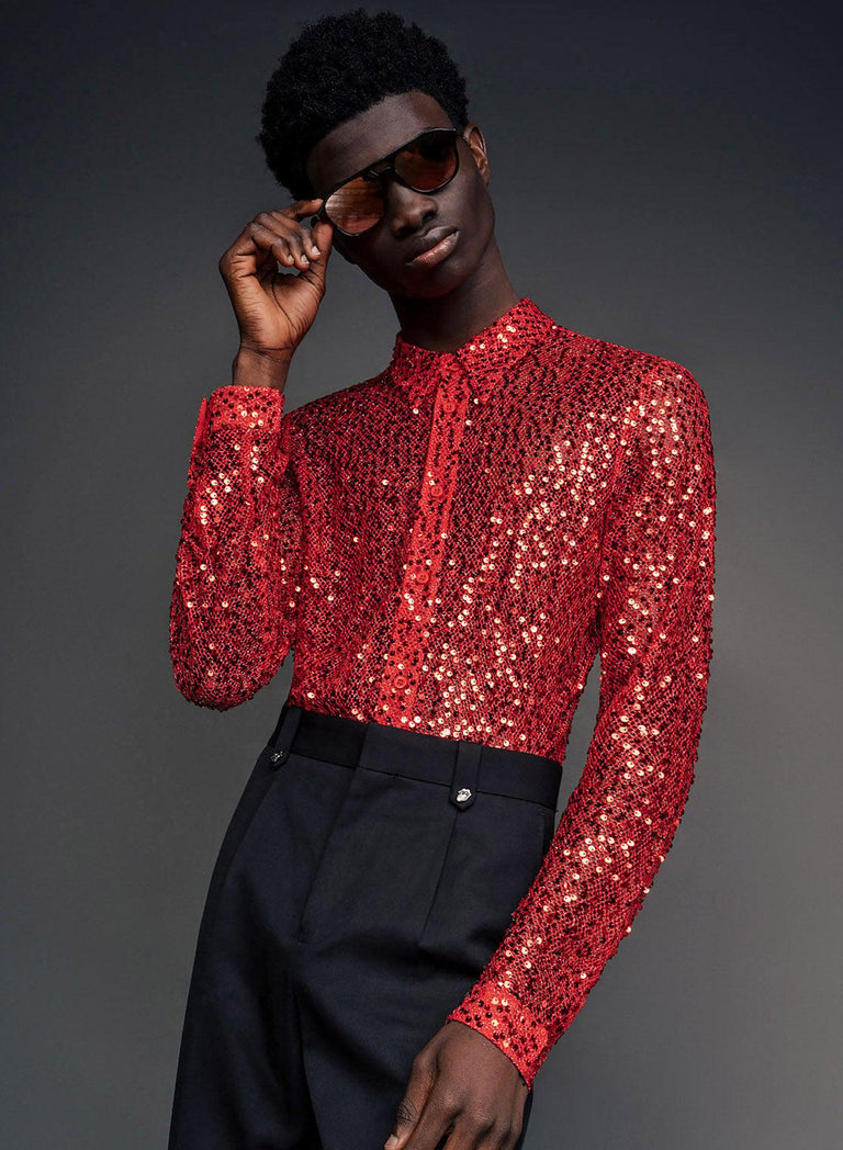 Red Long Sleeve Semi Sheer Sequin Shirt