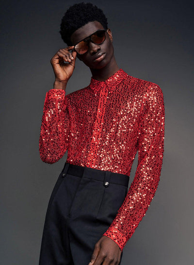 Red Long Sleeve Semi Sheer Sequin Shirt