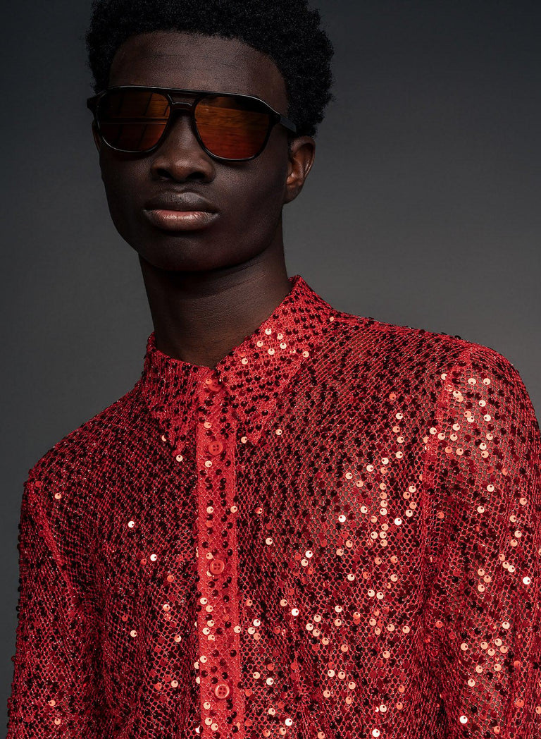 Red Long Sleeve Semi Sheer Sequin Shirt