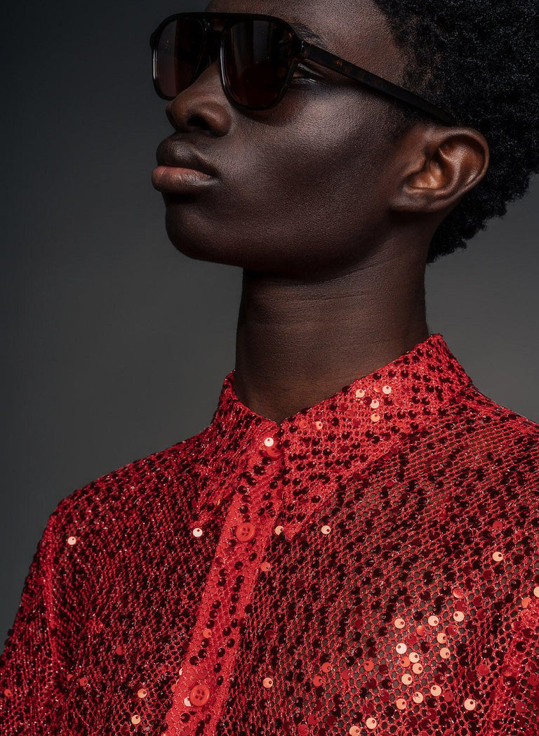 Red Long Sleeve Semi Sheer Sequin Shirt