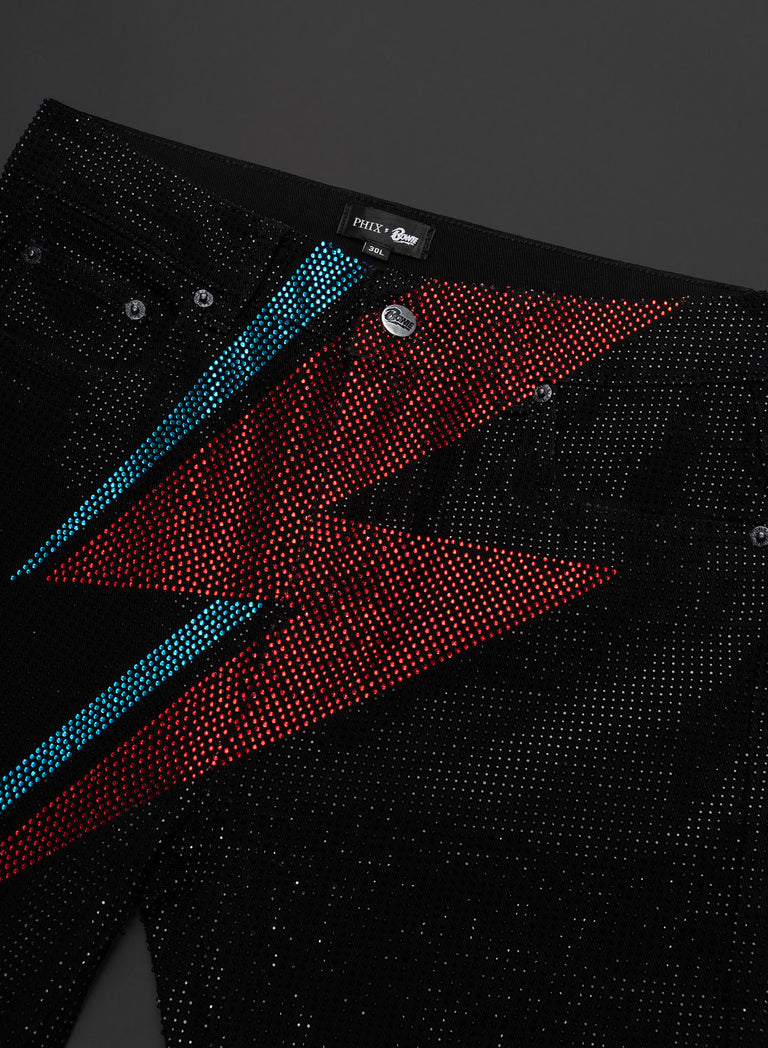 Phix X David Bowie Women's Black Rhinestone Lightning Bolt Flared Jeans