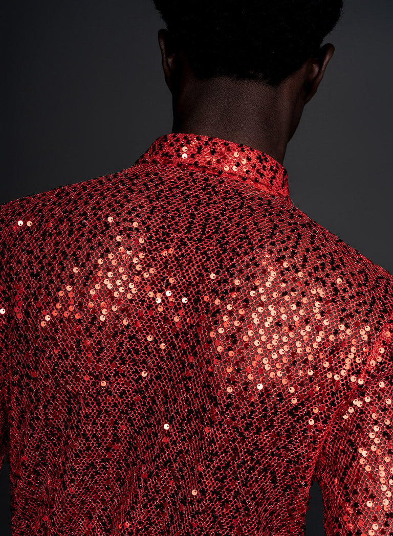 Red Long Sleeve Semi Sheer Sequin Shirt