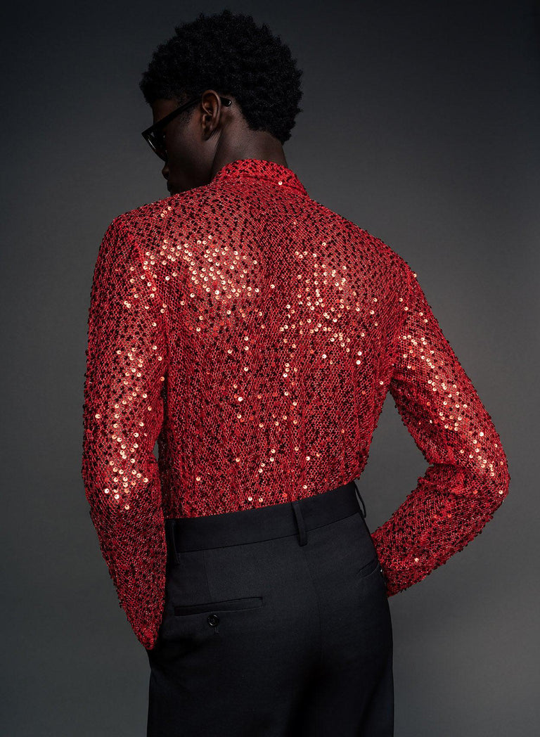 Red Long Sleeve Semi Sheer Sequin Shirt