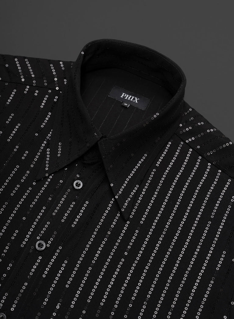Black Viscose Sequin Pinstripe Shirt