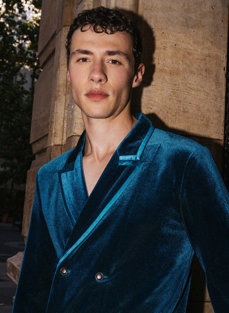 Blue Velvet Satin Lapel Double Breasted Shirt