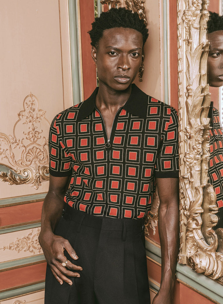 70s Burnt Orange Geometric Square Zip Knitted Polo