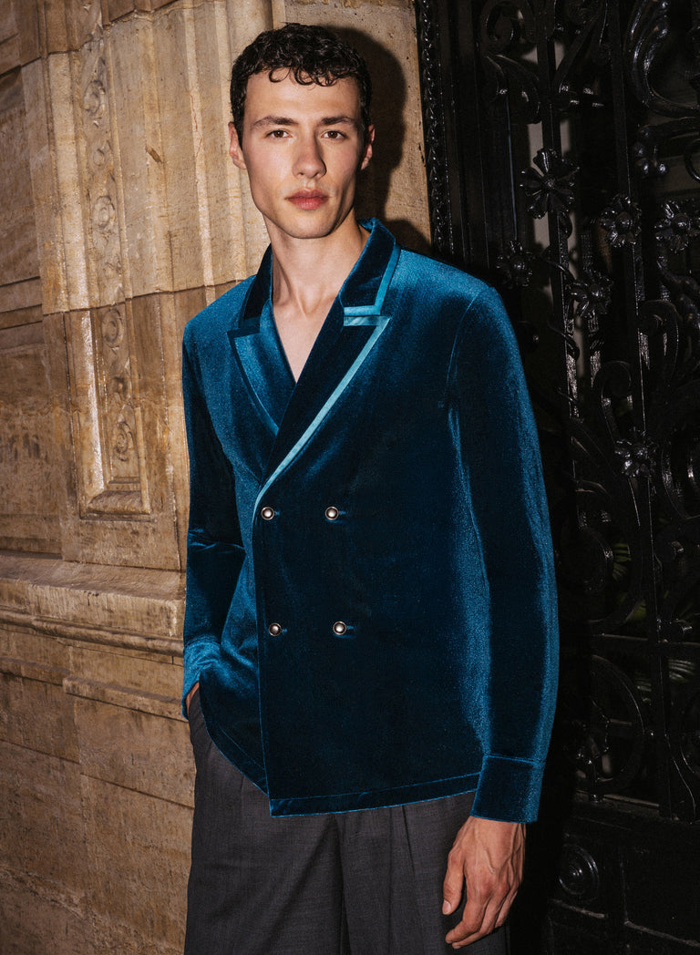Blue Velvet Satin Lapel Double Breasted Shirt
