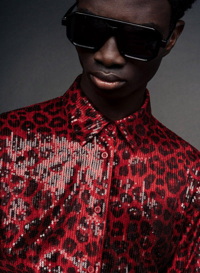 Red Leopard Print Sequin Embellished Shirt