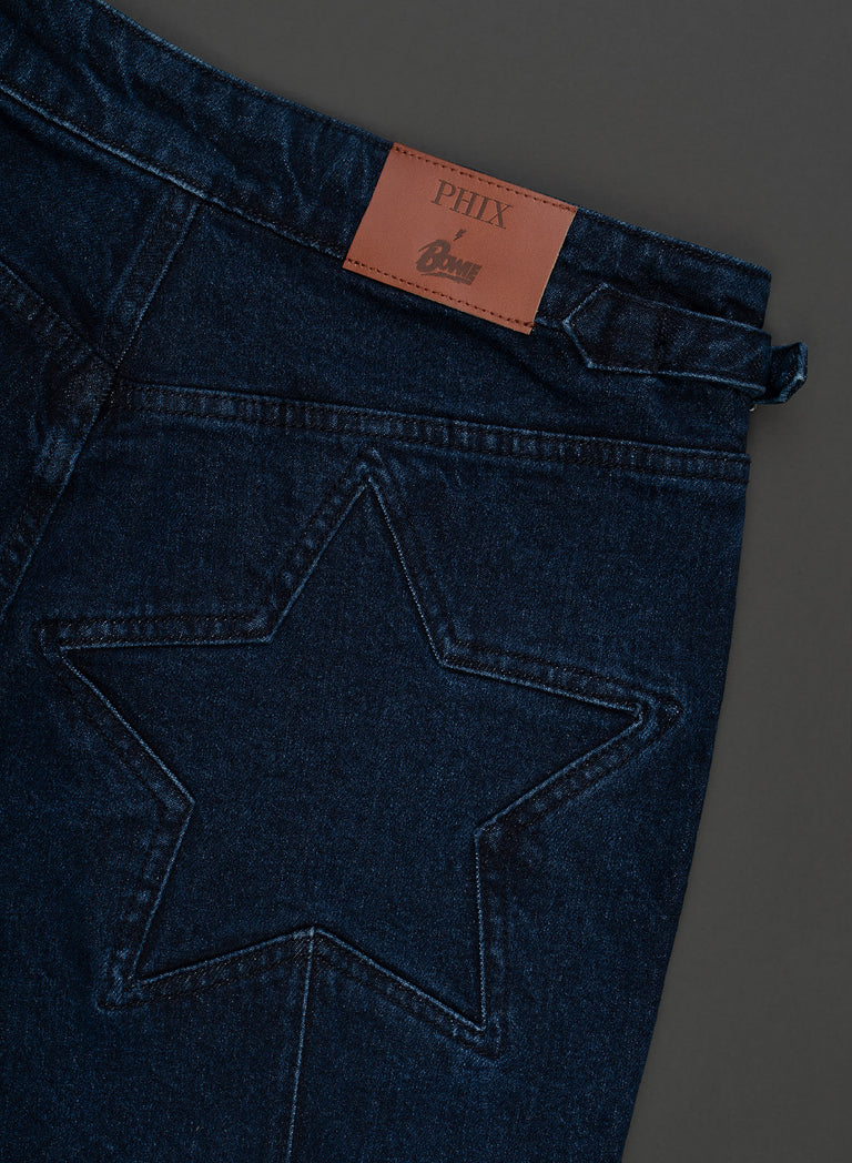 Phix X David Bowie Women's High Waisted Indigo Turn-Up Flared Jeans