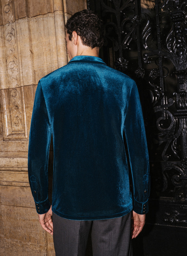 Blue Velvet Satin Lapel Double Breasted Shirt