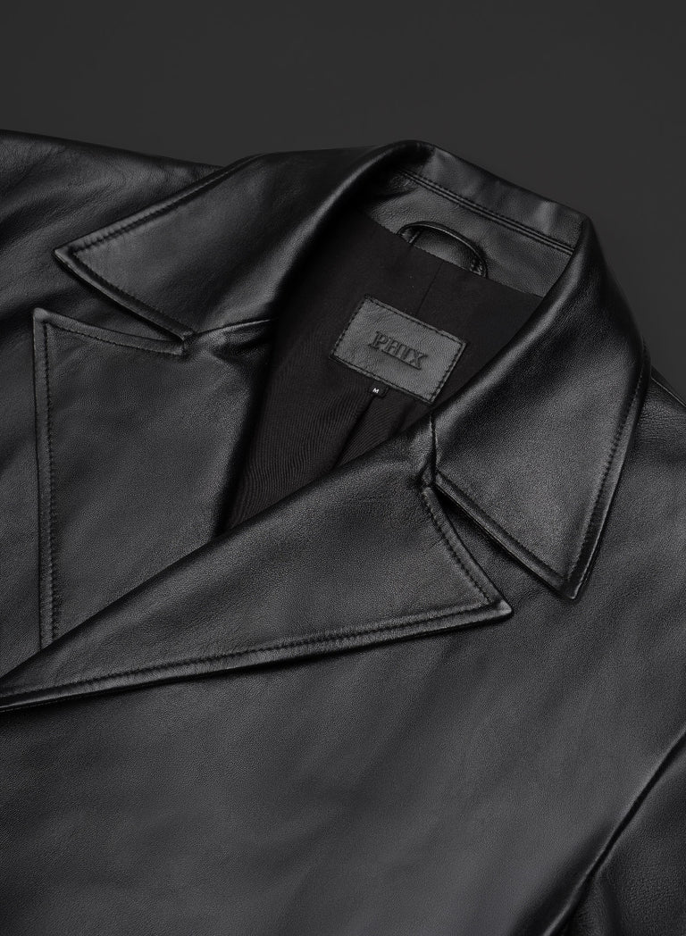 Double-Breasted Leather Long Trench Coat