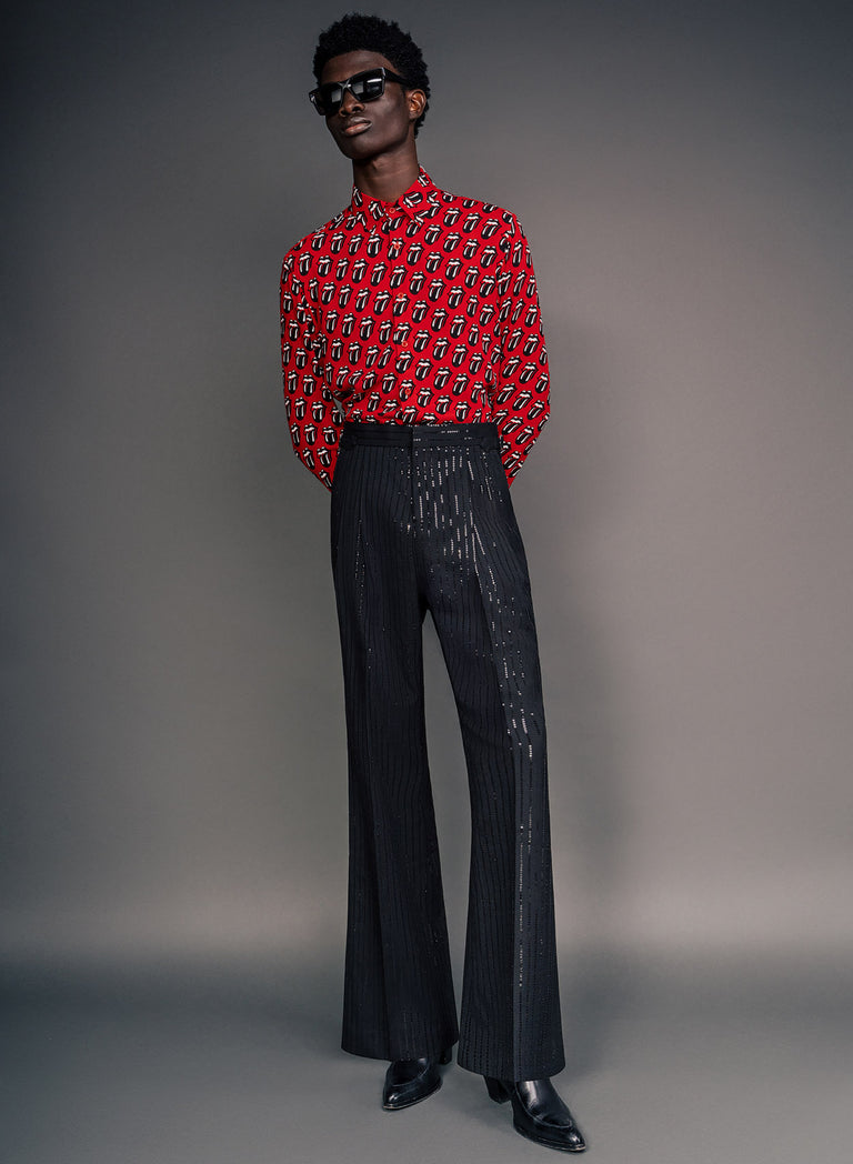 Black Wool Sequin Pinstripe Side Buckle Flare Trouser