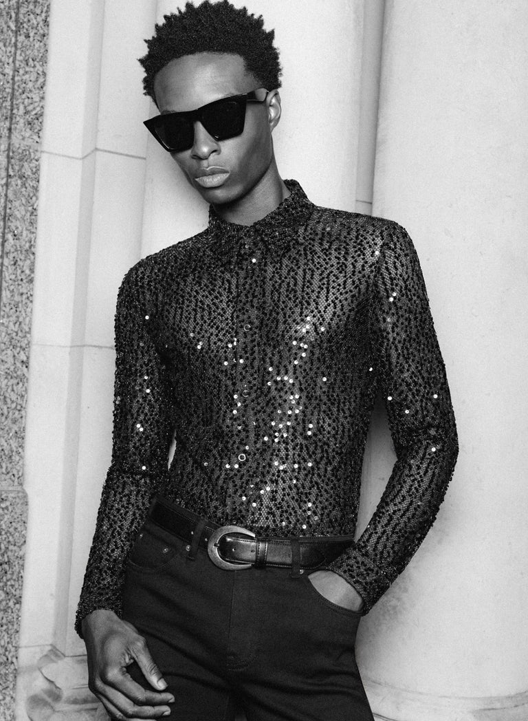 Black Long Sleeve Semi Sheer Sequin Shirt