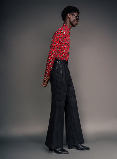 Black Wool Sequin Pinstripe Side Buckle Flare Trouser