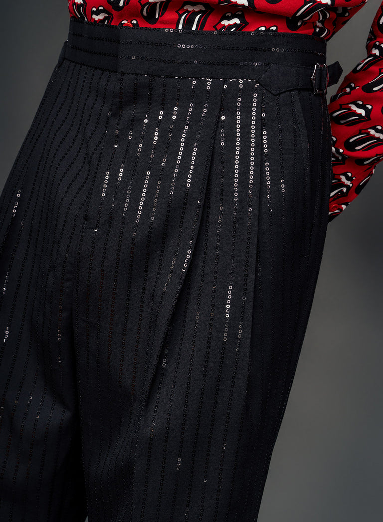 Black Wool Sequin Pinstripe Side Buckle Flare Trouser