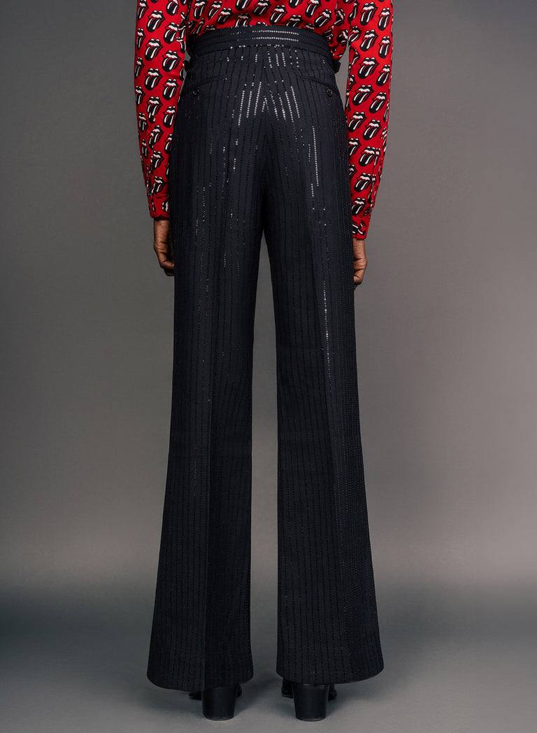 Black Wool Sequin Pinstripe Side Buckle Flare Trouser