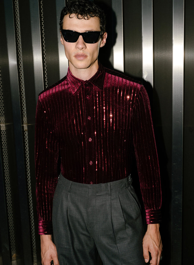 Burgundy Velvet Sequin Pinstripe Shirt