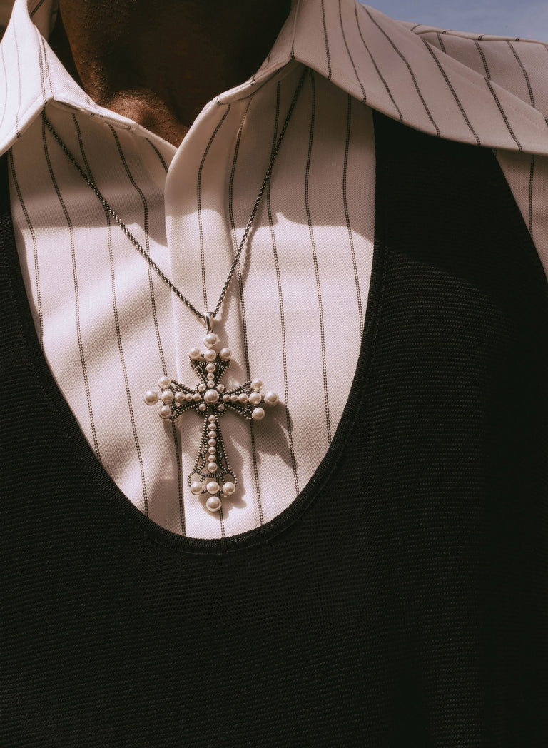 Silver Pearl Cross Necklace