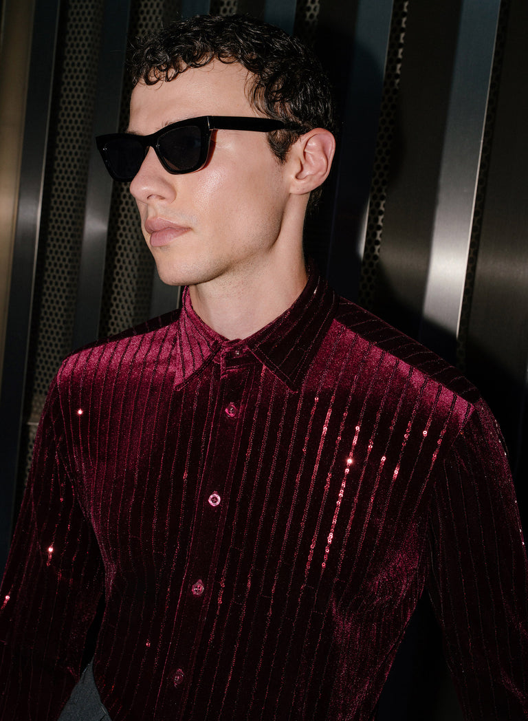 Burgundy Velvet Sequin Pinstripe Shirt