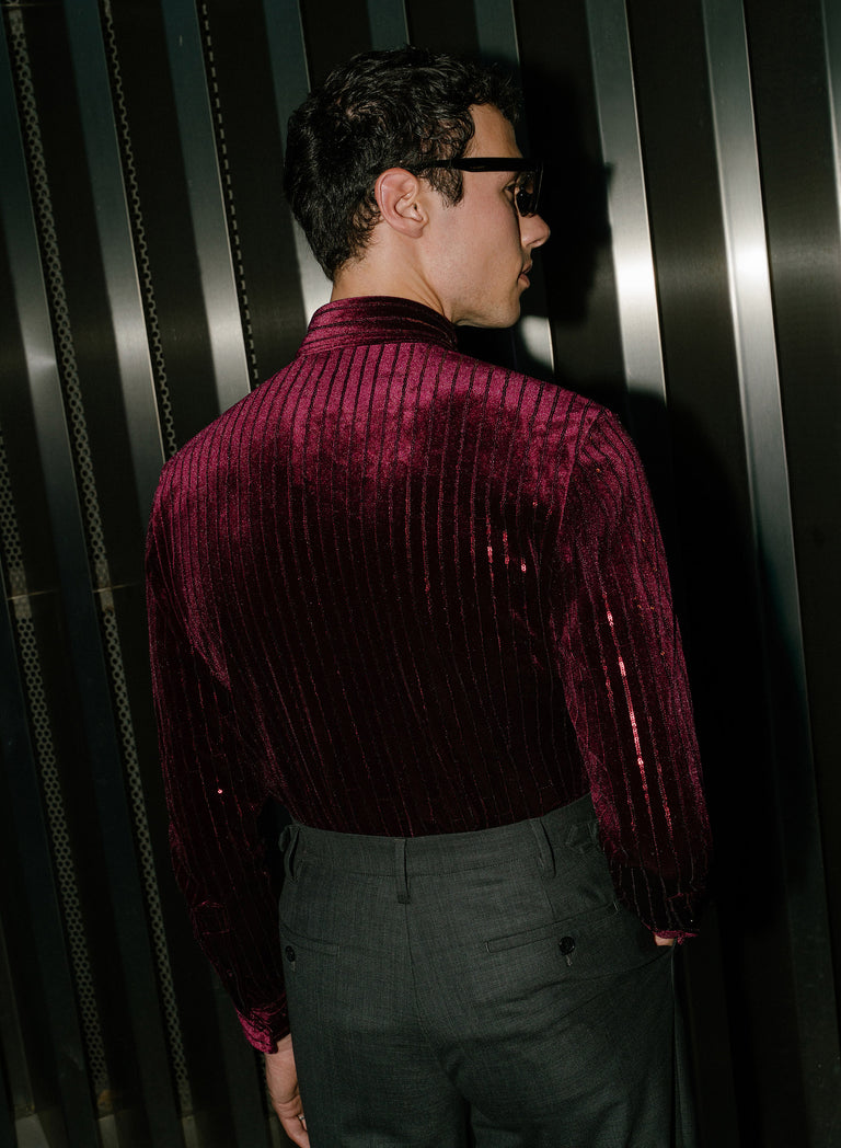 Burgundy Velvet Sequin Pinstripe Shirt