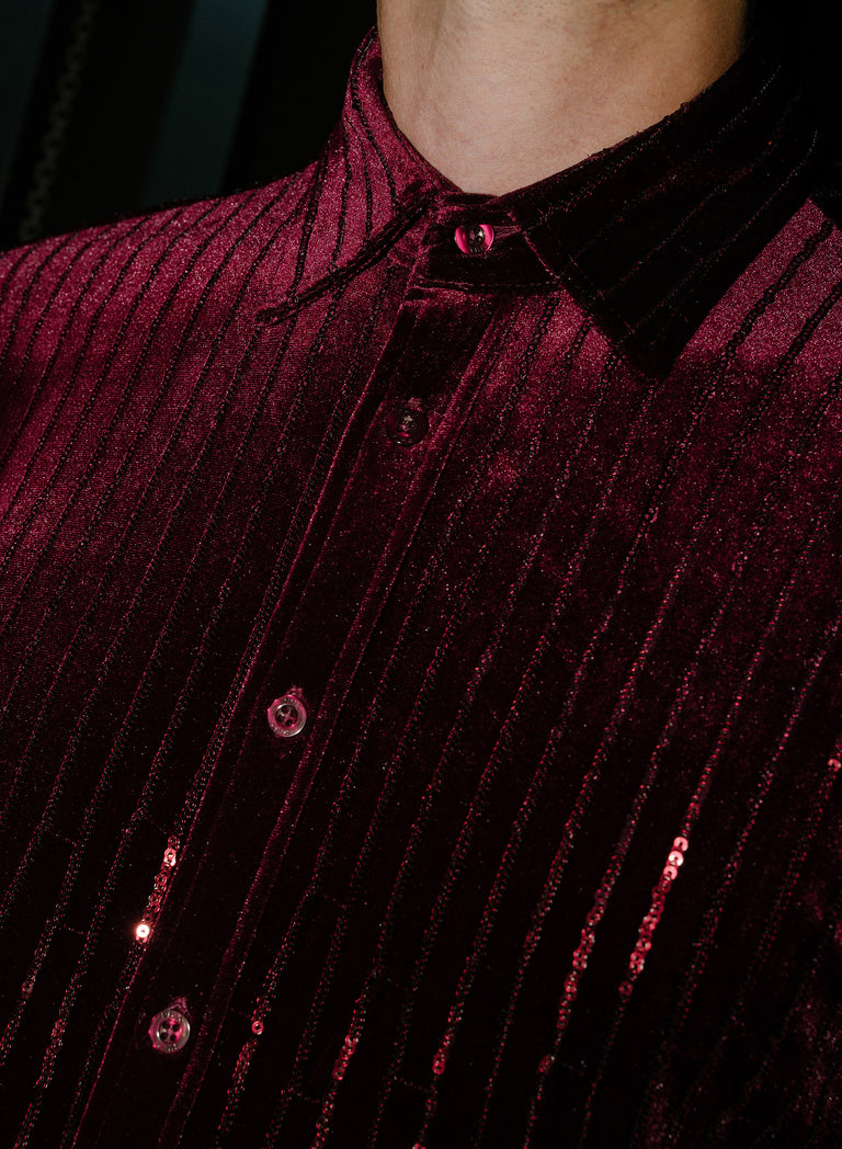 Burgundy Velvet Sequin Pinstripe Shirt