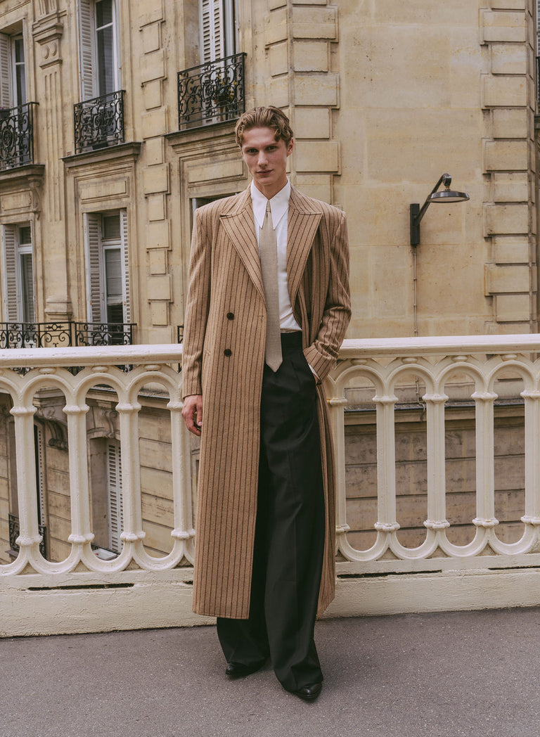 Kensington Double-breasted Striped Wool Beige Coat