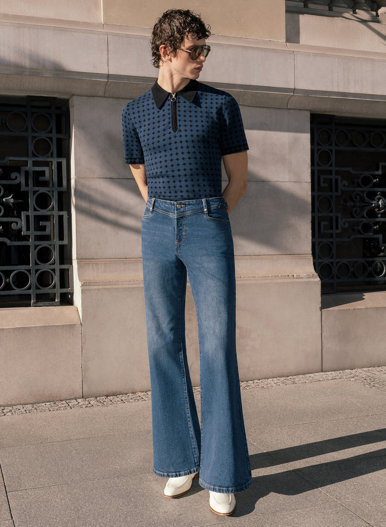 Blue V-Panel Side Buckle Flare Denim Jeans