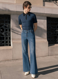 Blue V-Panel Side Buckle Flare Denim Jeans