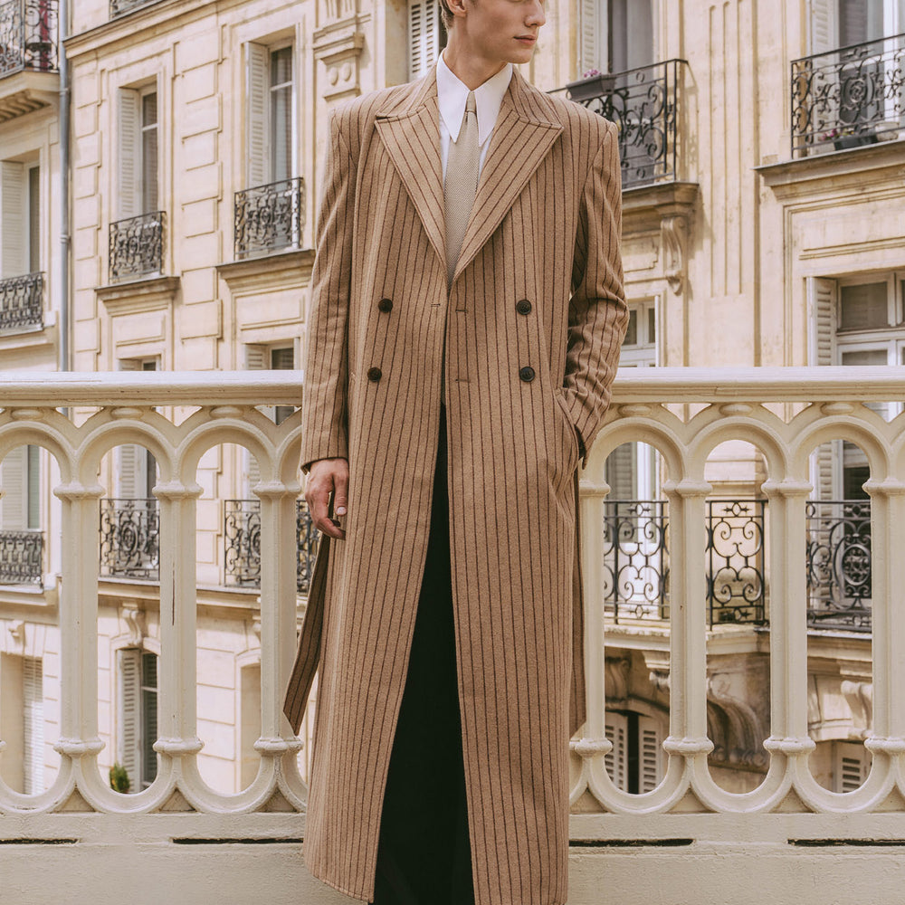 Kensington Double-breasted Striped Wool Beige Coat & Phix