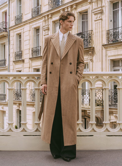 Kensington Double-breasted Striped Wool Beige Coat
