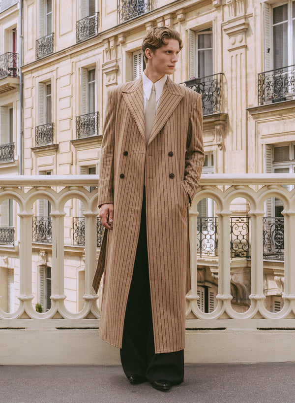 Kensington Double-breasted Striped Wool Beige Coat