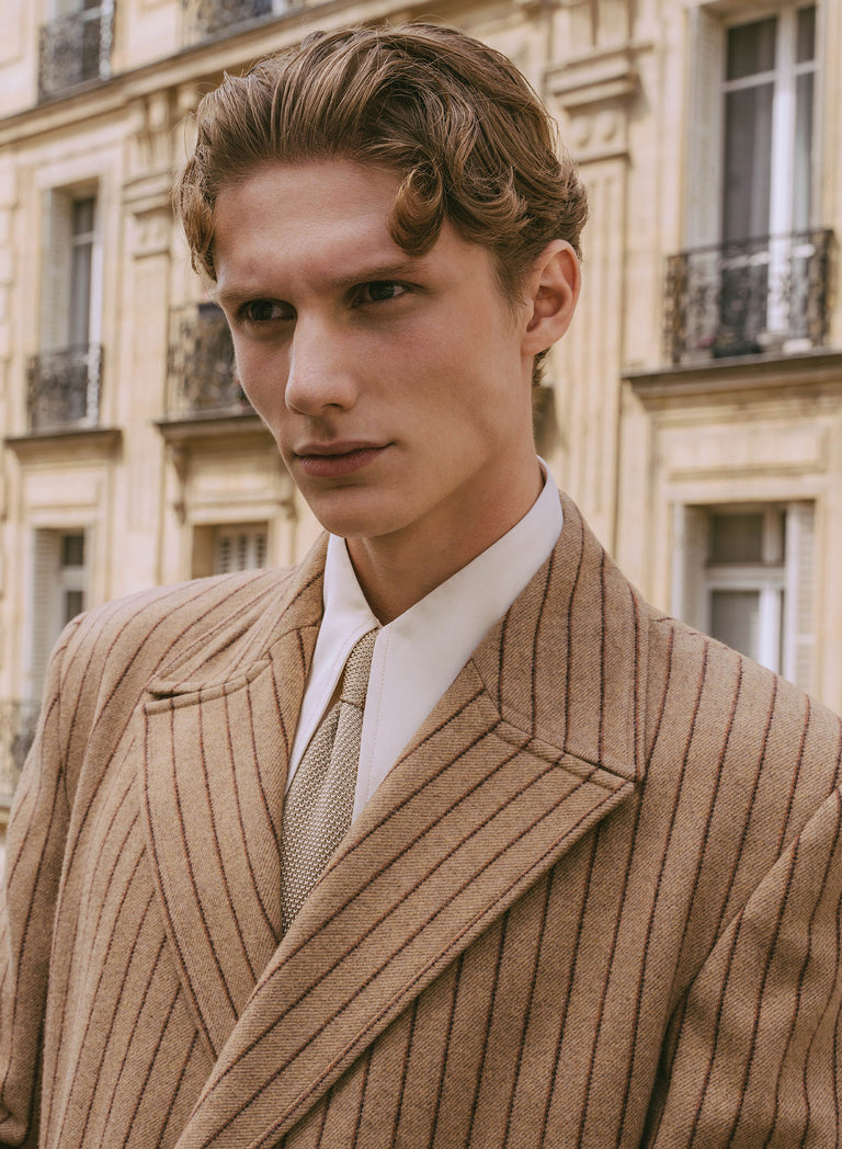 Kensington Double-breasted Striped Wool Beige Coat