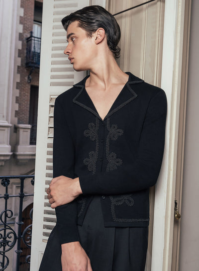 Long Sleeve Black Embroidery Black Lace Knitted Cotton Polo