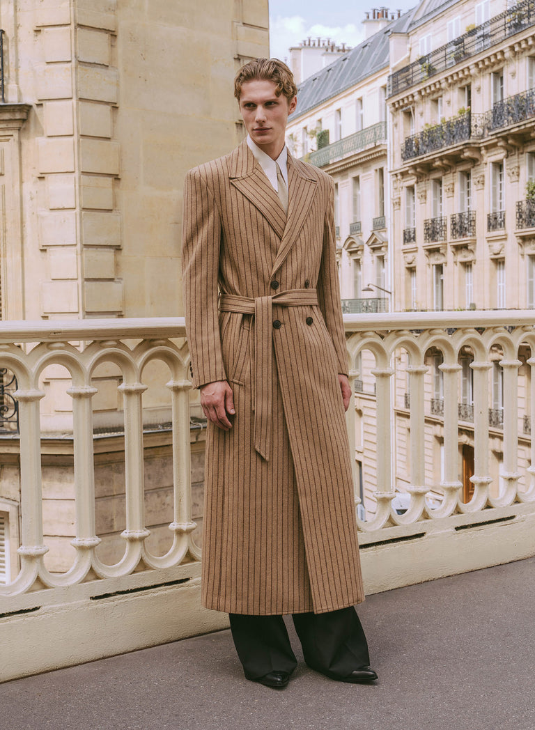 Kensington Double-breasted Striped Wool Beige Coat