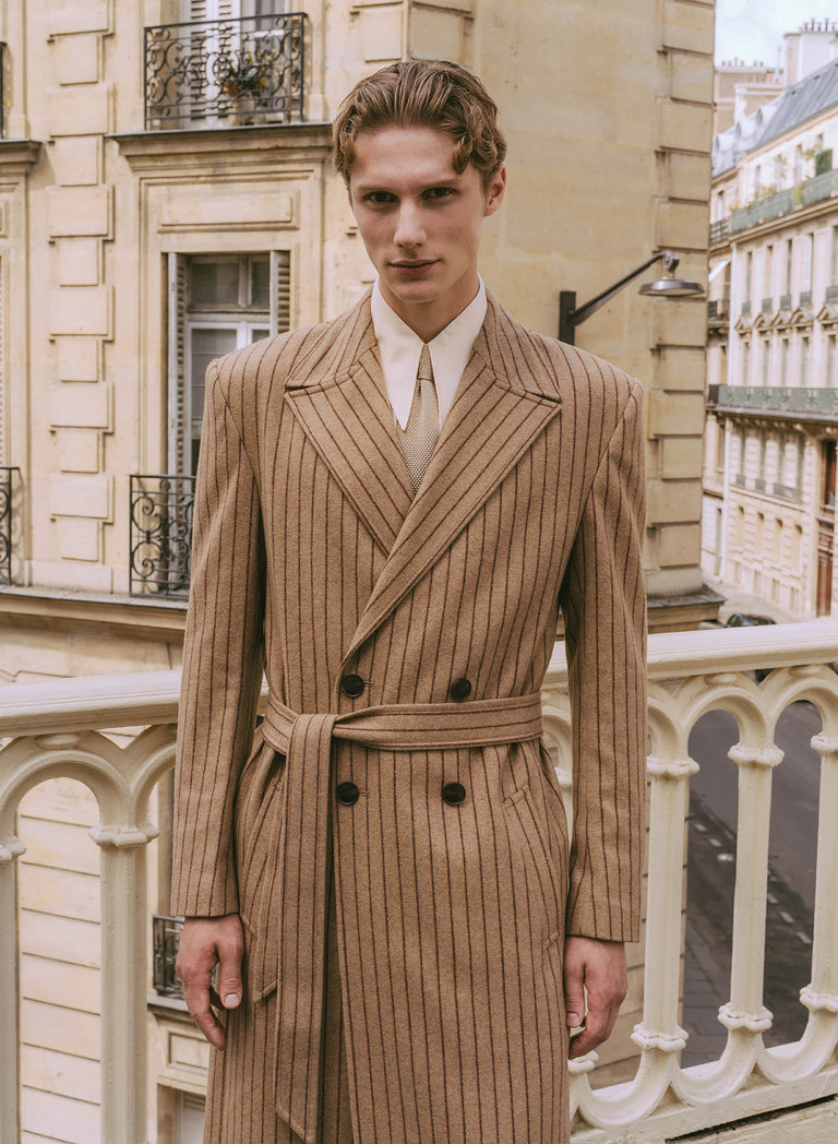 Kensington Double-breasted Striped Wool Beige Coat