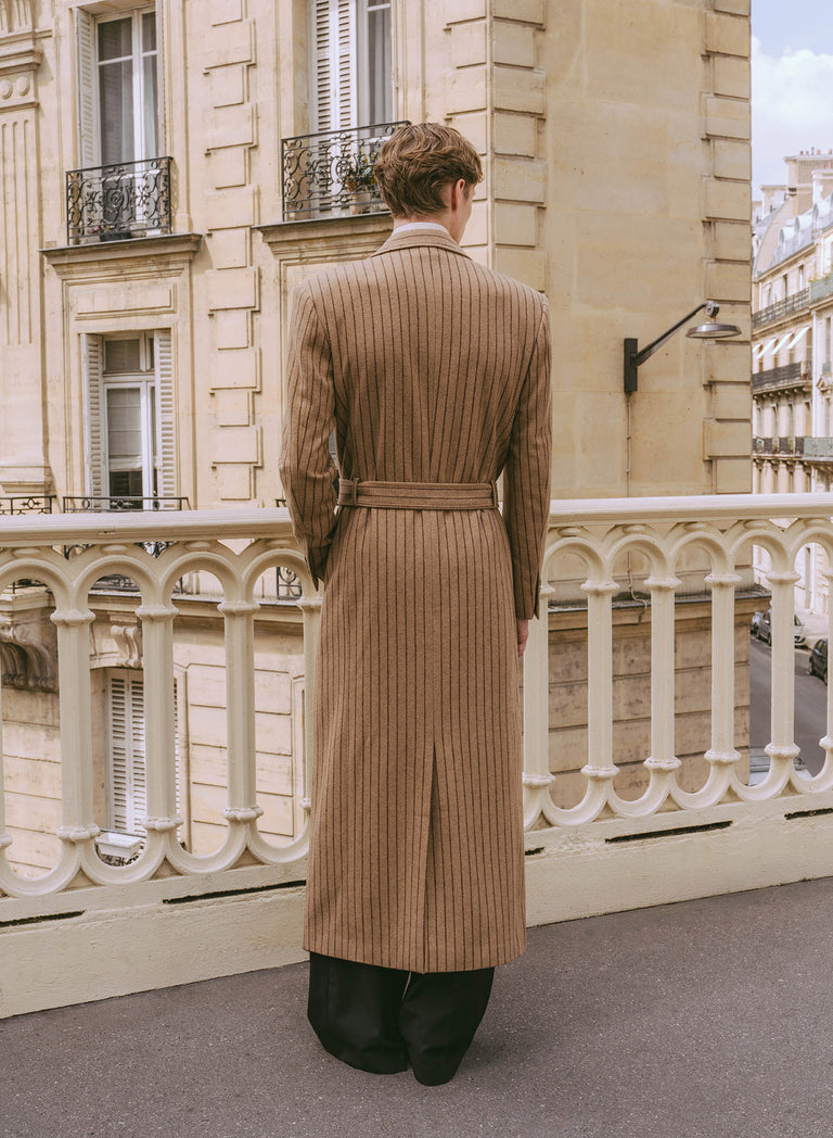 Kensington Double-breasted Striped Wool Beige Coat