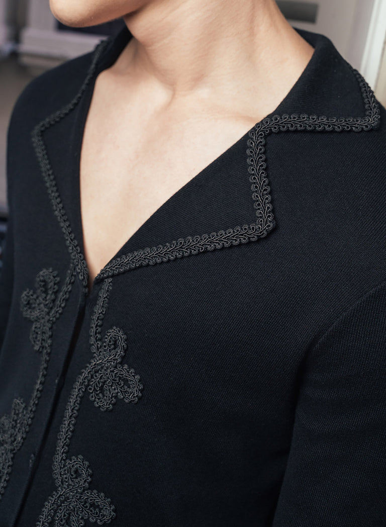 Long Sleeve Black Embroidery Black Lace Knitted Cotton Polo