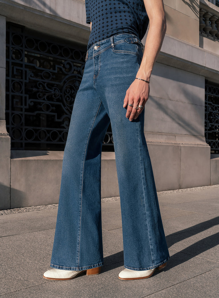 Blue V-Panel Side Buckle Flare Denim Jeans