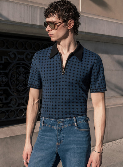 Navy Jacquard Circular Knitted Zip Polo