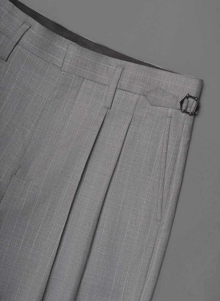 Grey Pin Stripe Side Buckle Wide Leg Flare Wool Trousers