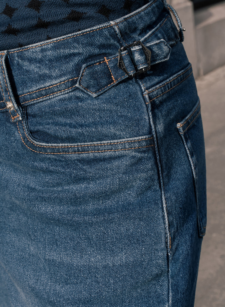 Blue V-Panel Side Buckle Flare Denim Jeans