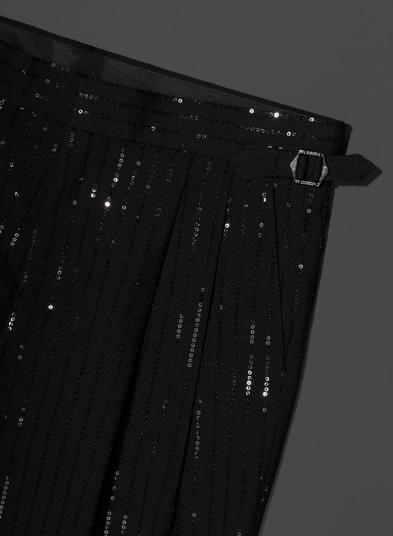 Black Wool Sequin Pinstripe Side Buckle Flare Trouser