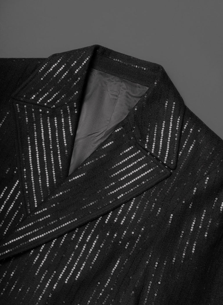 Double Breasted Sequin Embellished Long Length Stripe Wool Coat